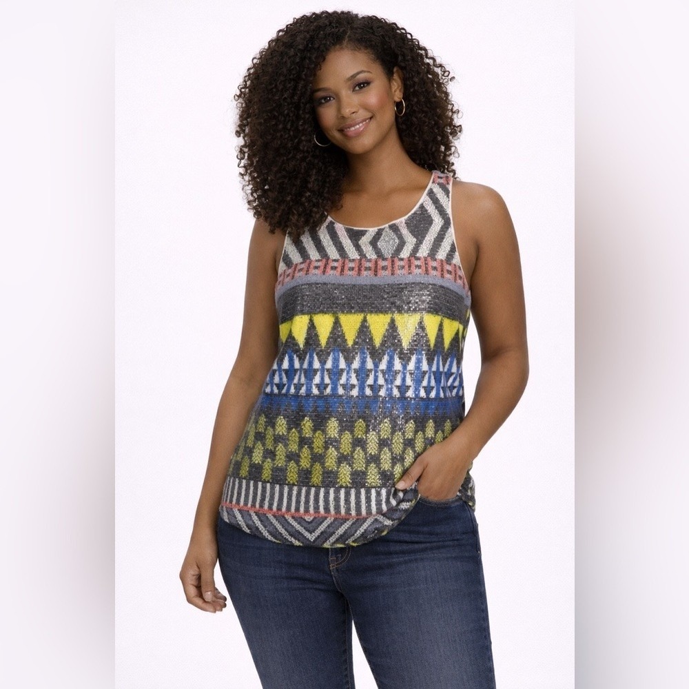 Gianni Bini Womens XS Sequin Geometric Tribal Tank Top Sleeveless Shell